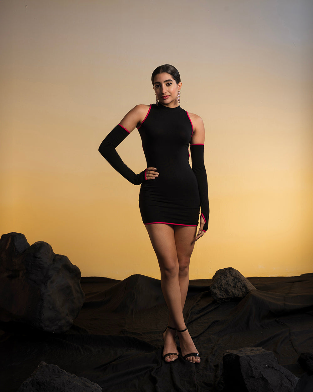 Black Mini Cut-Out Back Bodycon Dress With Hand Gloves