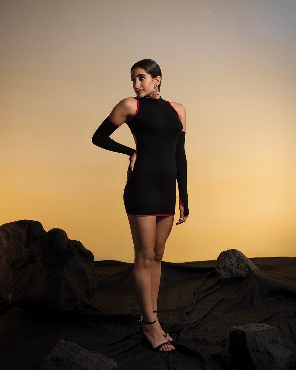Black Mini Cut-Out Back Bodycon Dress With Hand Gloves