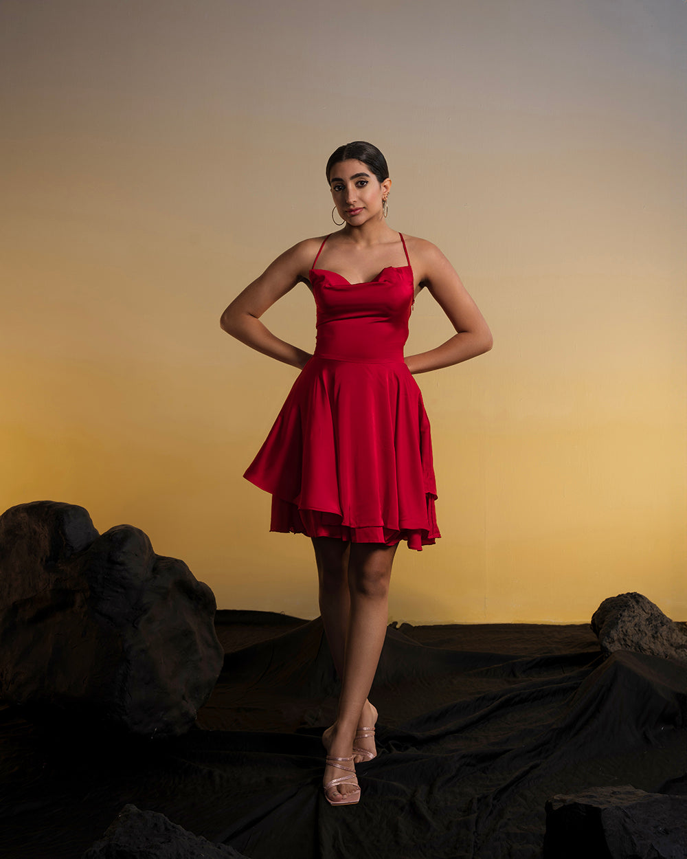Red Layered Flared Satin Dress Red Layered Flared Satin Dress