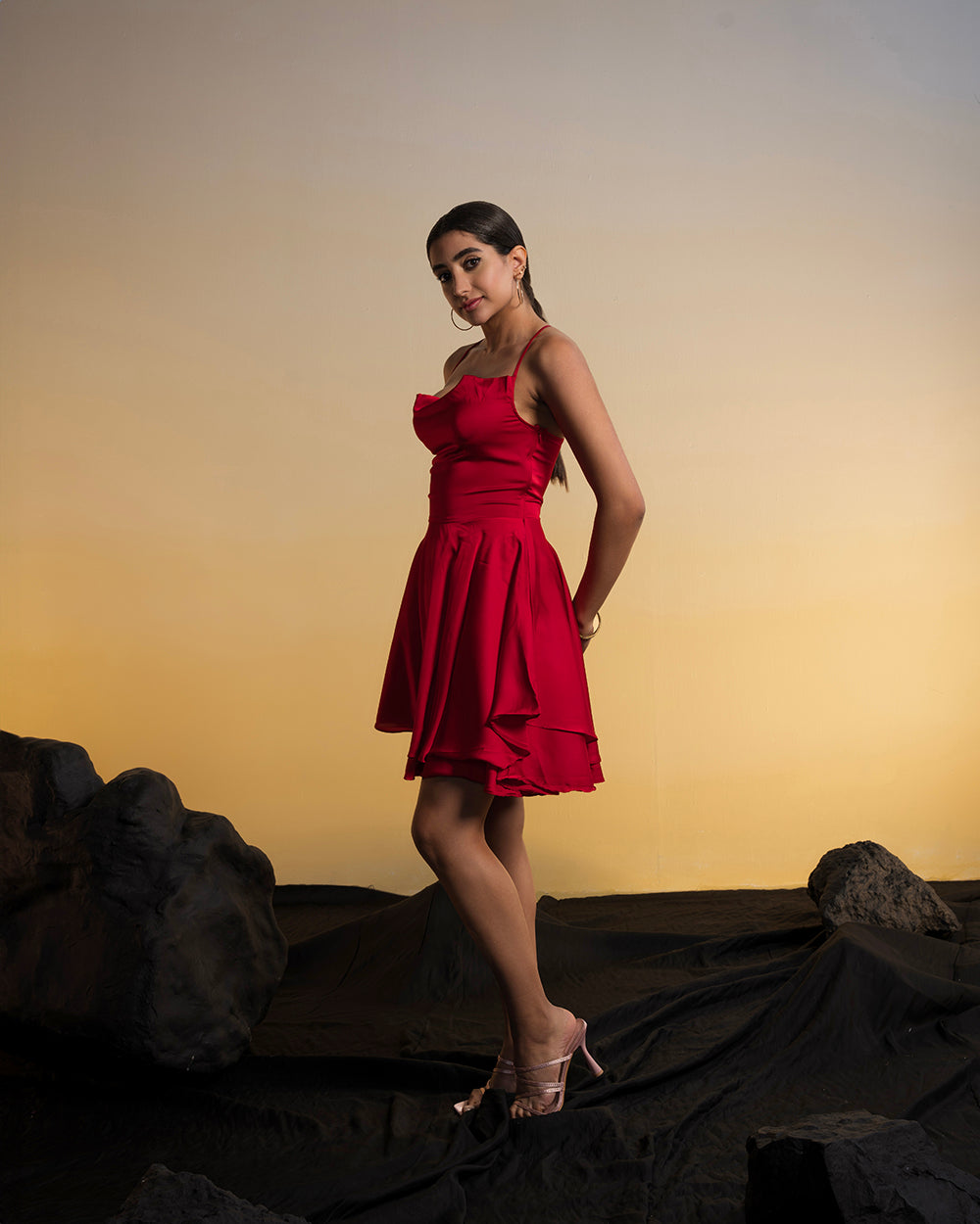 Red Layered Flared Satin Dress