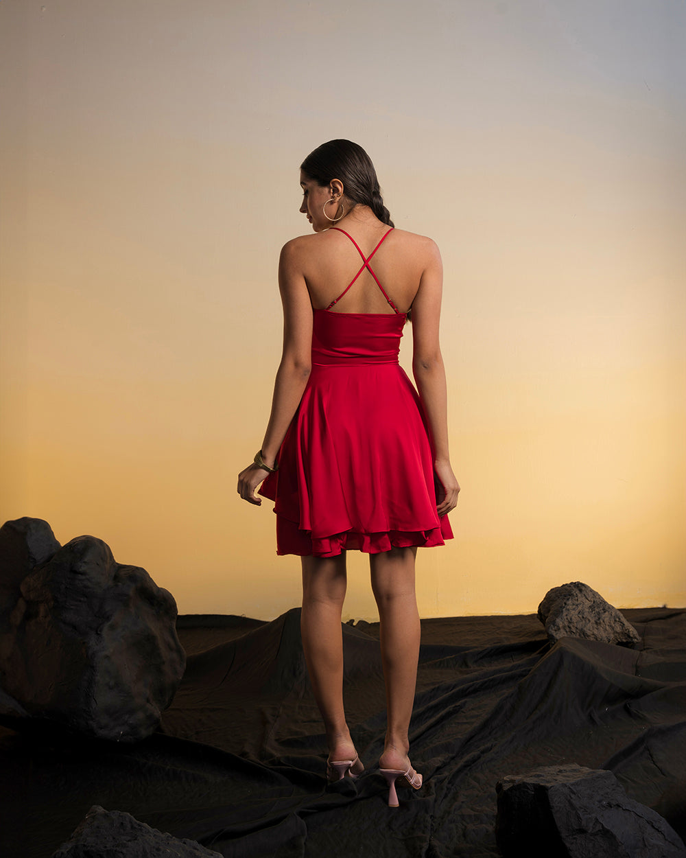 Red Layered Flared Satin Dress