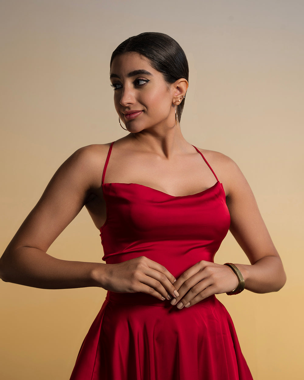 Red Layered Flared Satin Dress