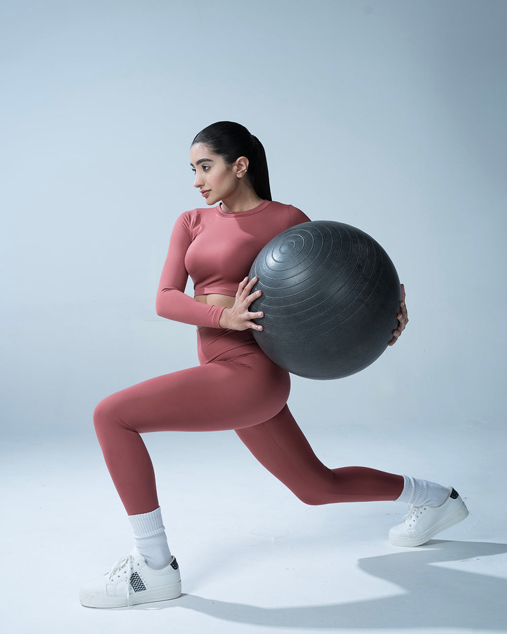 Rust High Waisted Leggings With Full Sleeves Crop Top Set