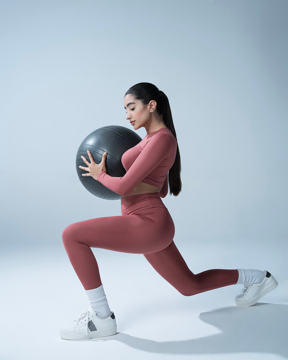 Rust High Waisted Leggings With Full Sleeves Crop Top Set