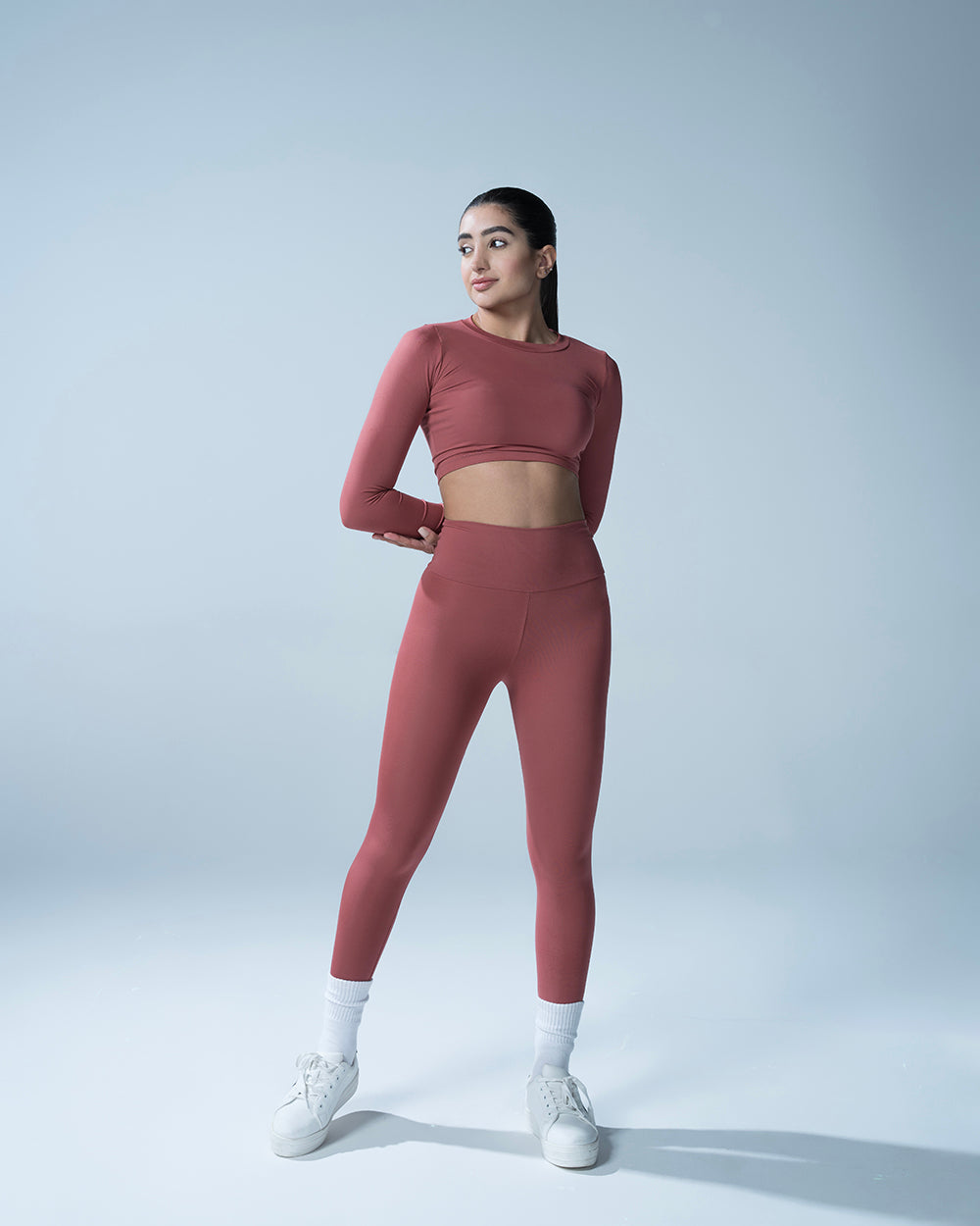 Rust High Waisted Leggings With Full Sleeves Crop Top Set