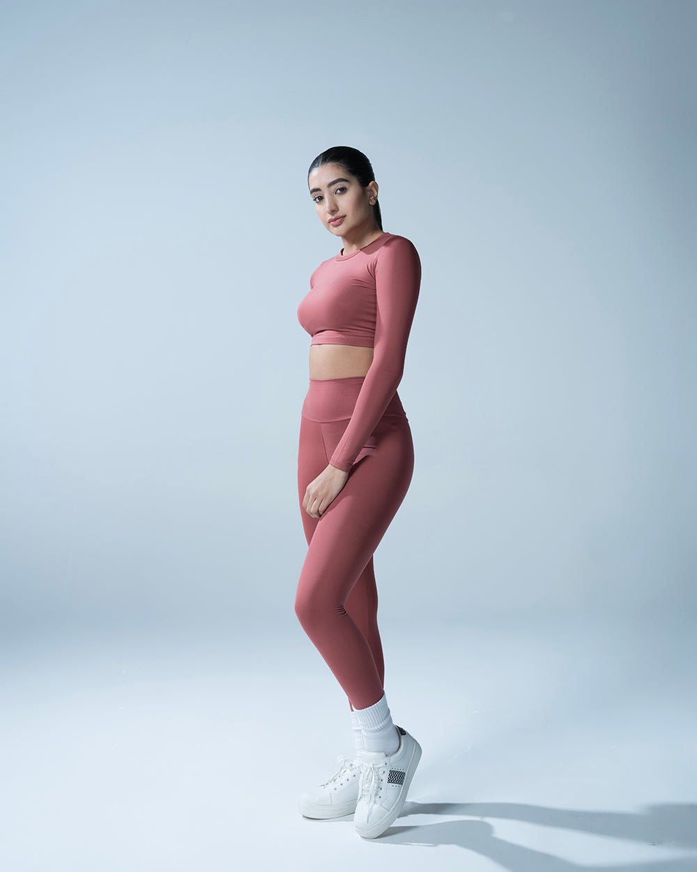 Rust High Waisted Leggings With Full Sleeves Crop Top Set