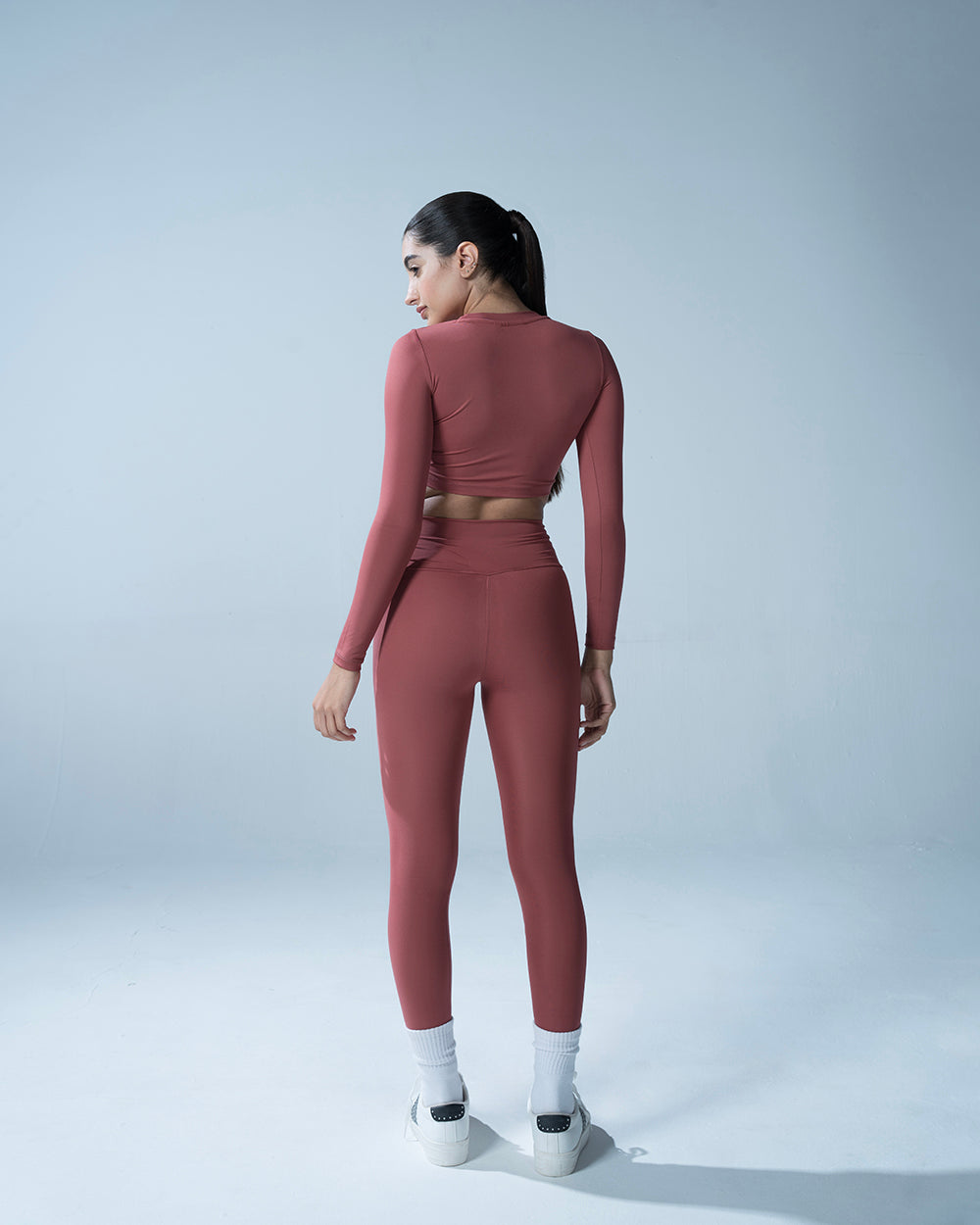 Rust High Waisted Leggings With Full Sleeves Crop Top Set