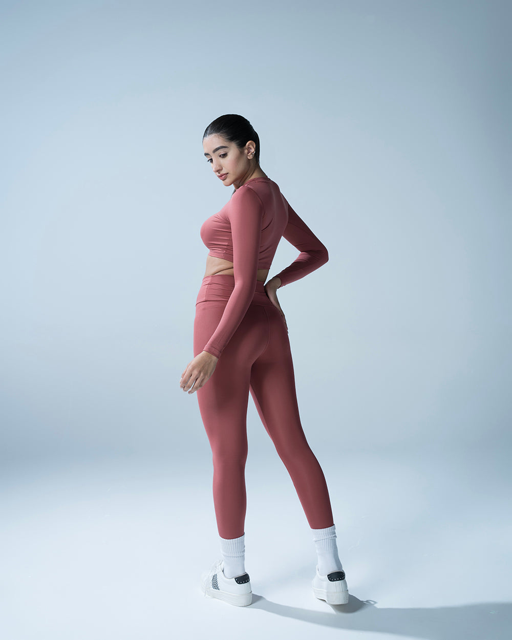Rust High Waisted Leggings With Full Sleeves Crop Top Set