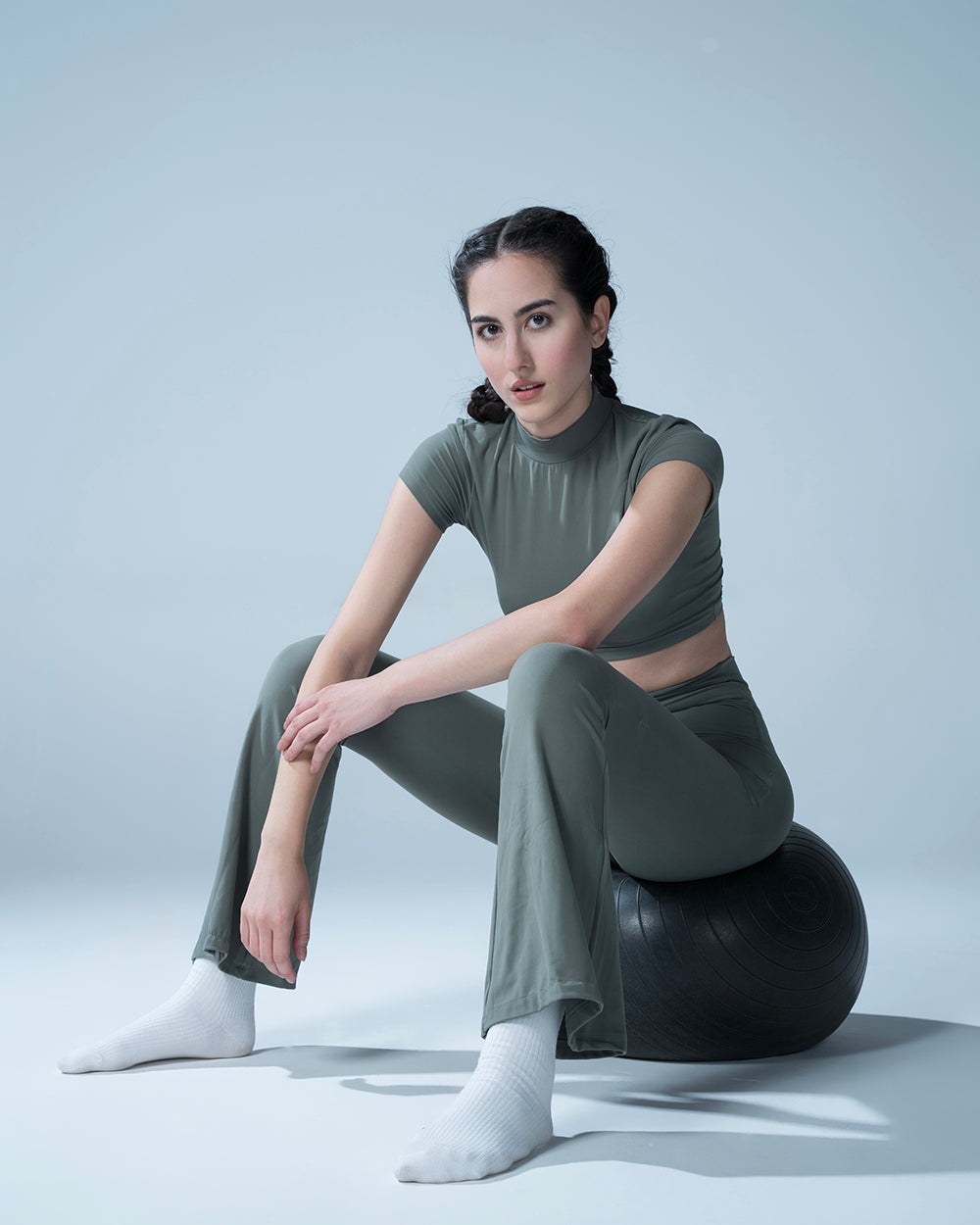 Hunter Green Crop Top With Flared Leggings Set