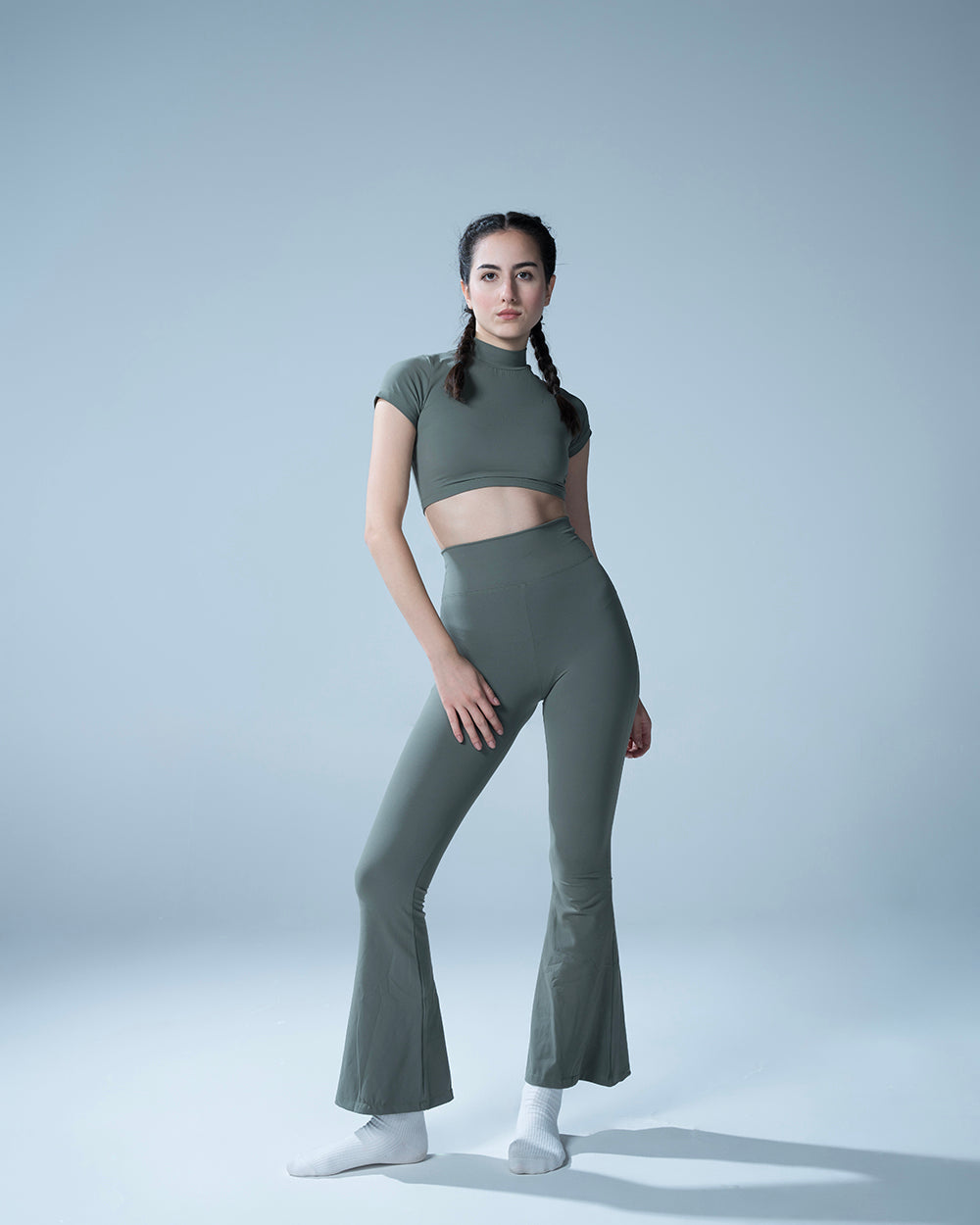 Hunter Green Crop Top With Flared Leggings Set