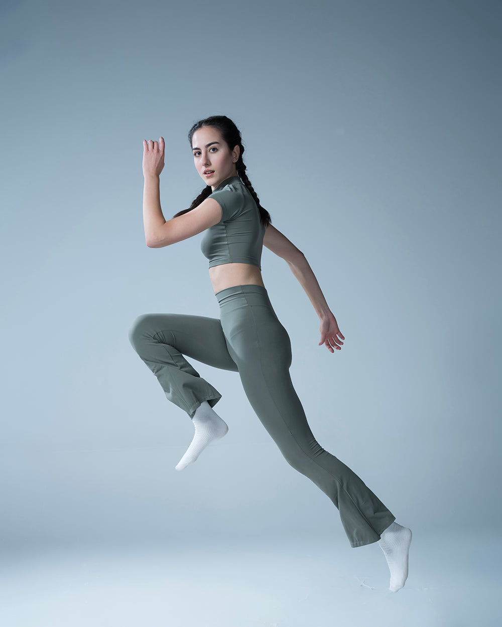 Hunter Green Crop Top With Flared Leggings Set