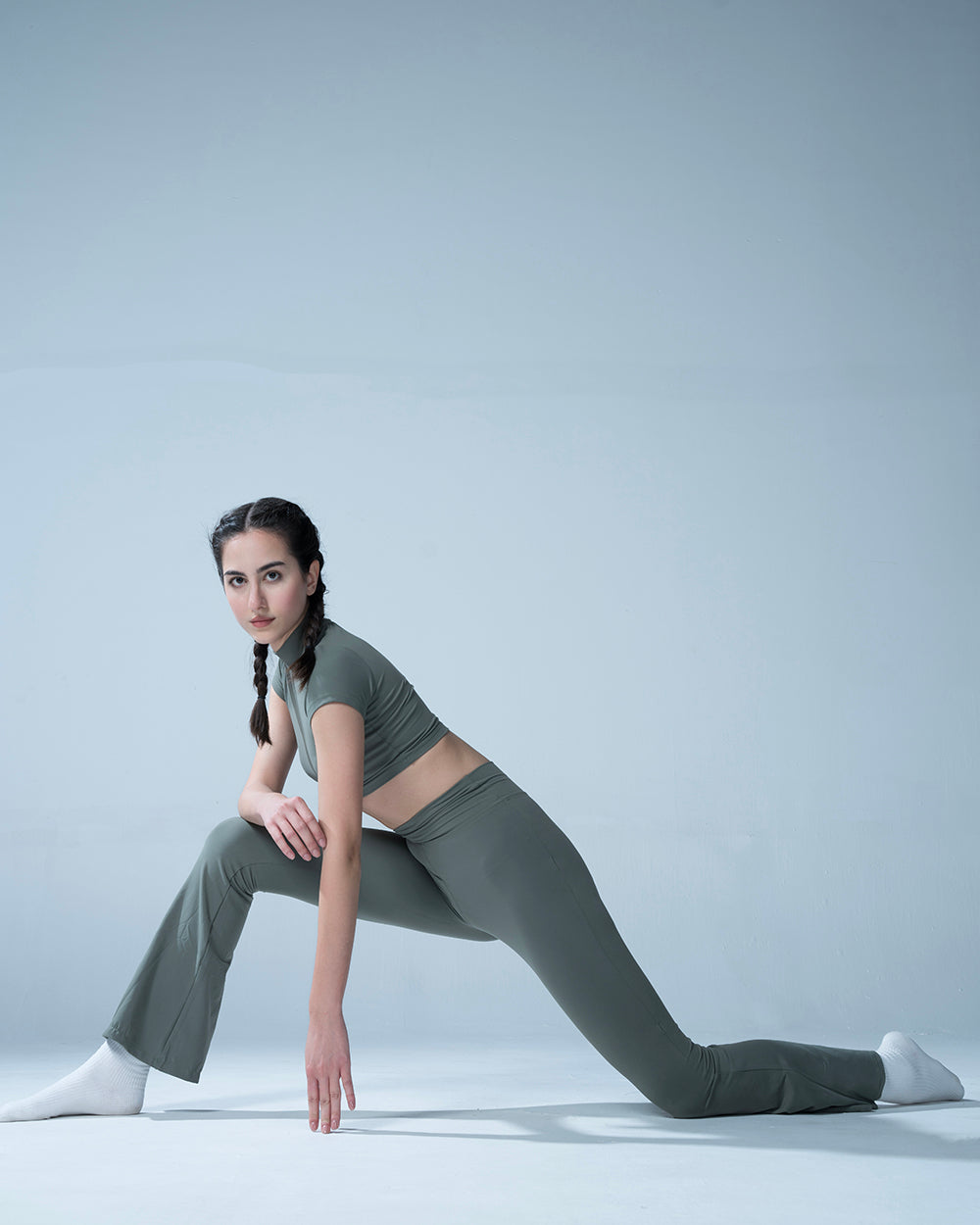 Hunter Green Crop Top With Flared Leggings Set
