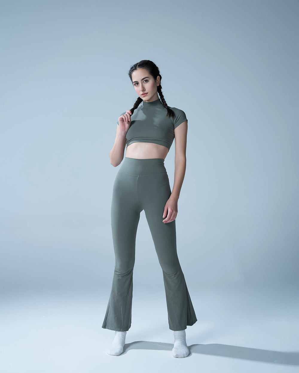 Hunter Green Crop Top With Flared Leggings Set