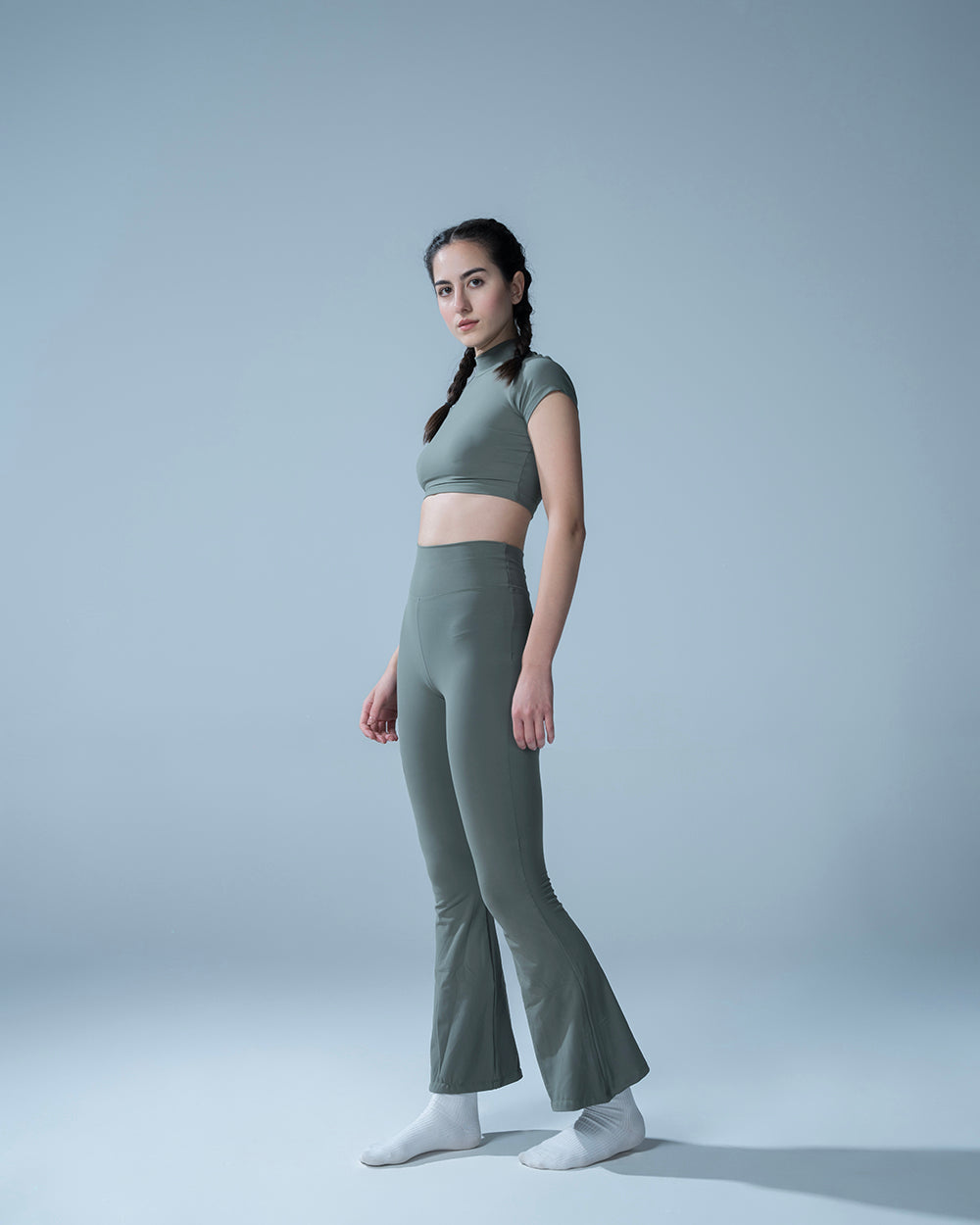 Hunter Green Crop Top With Flared Leggings Set