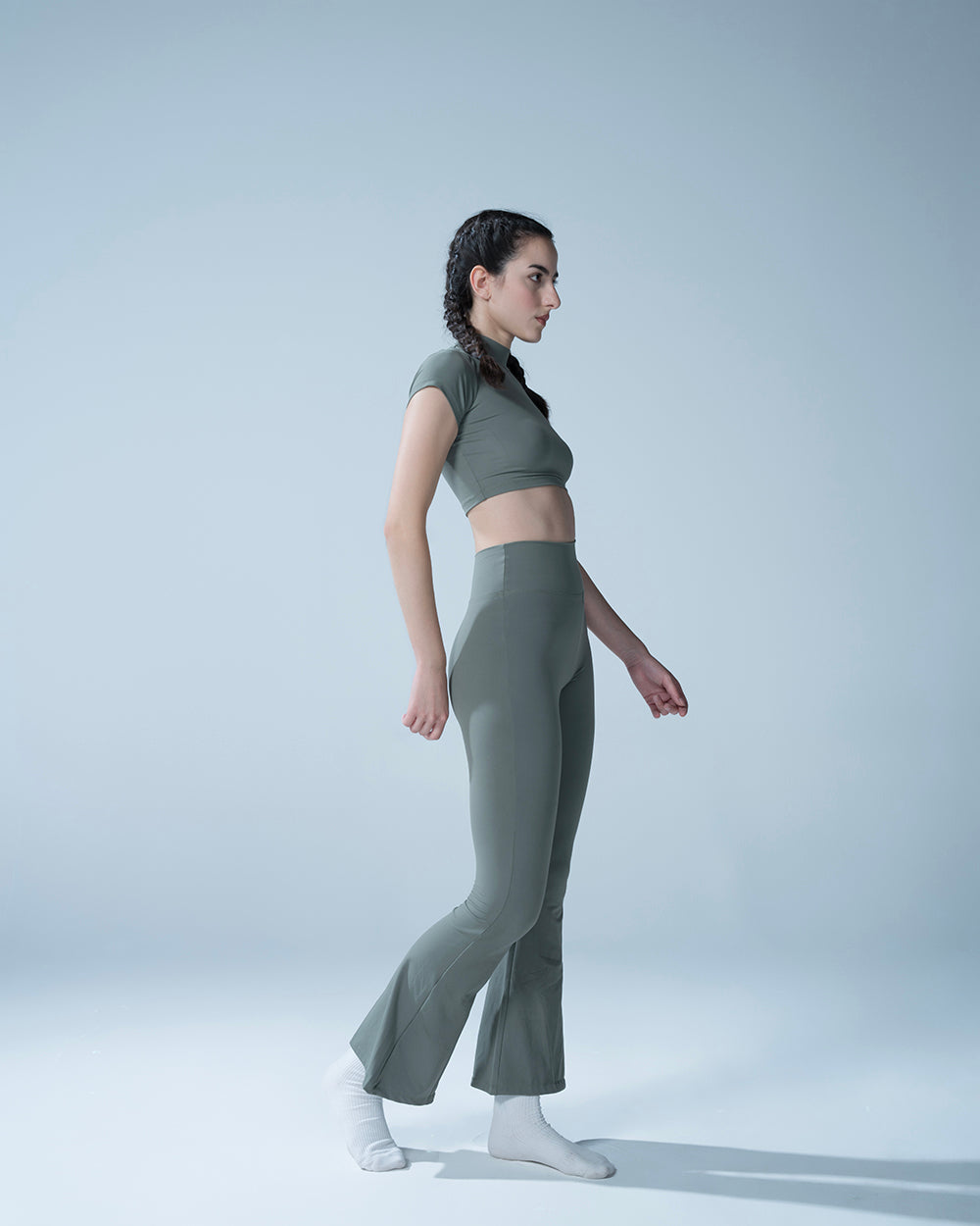 Hunter Green Crop Top With Flared Leggings Set