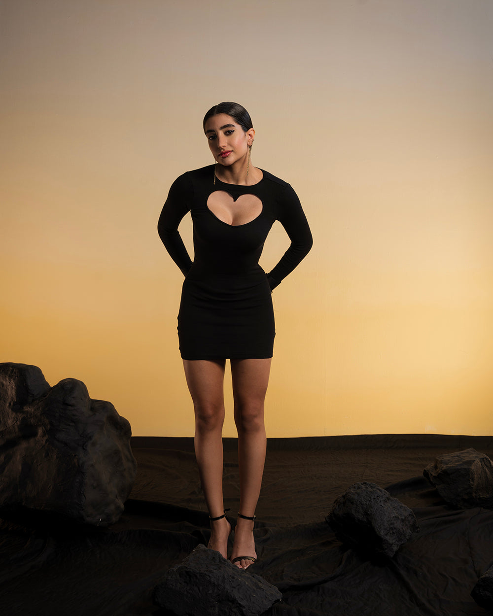 Cut Out Heart Dress With Fur Hand Cuffs