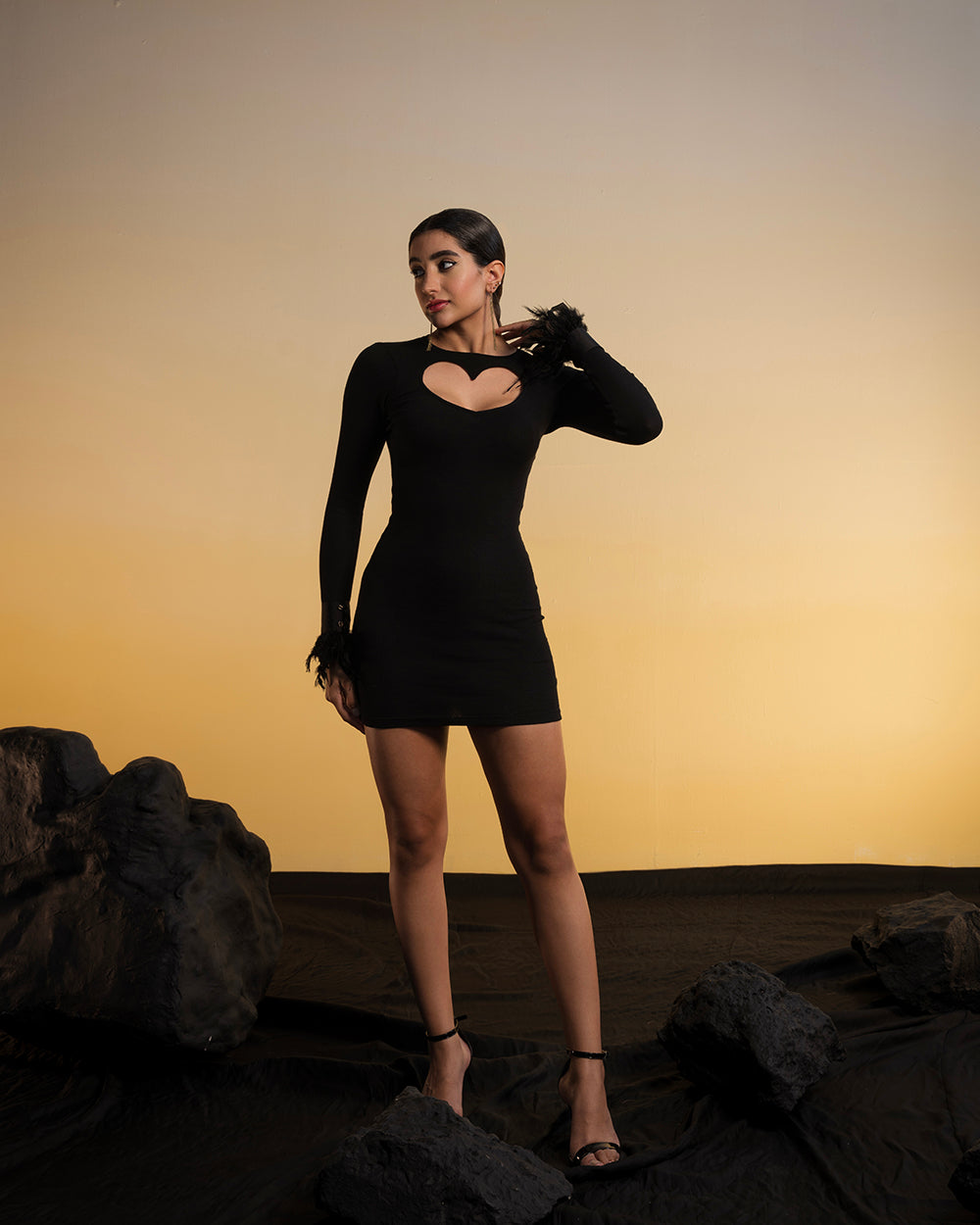Cut Out Heart Dress With Fur Hand Cuffs