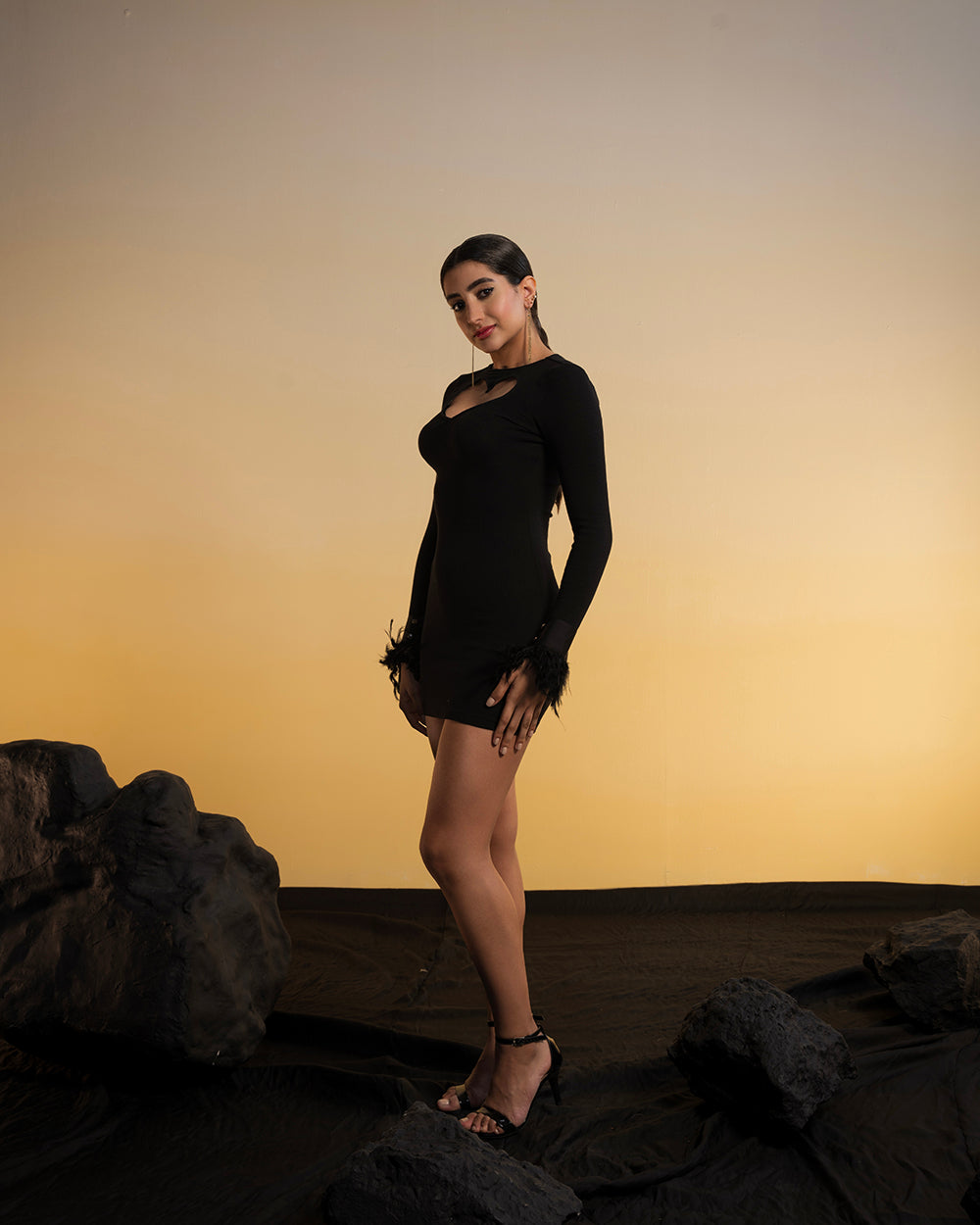 Cut Out Heart Dress With Fur Hand Cuffs