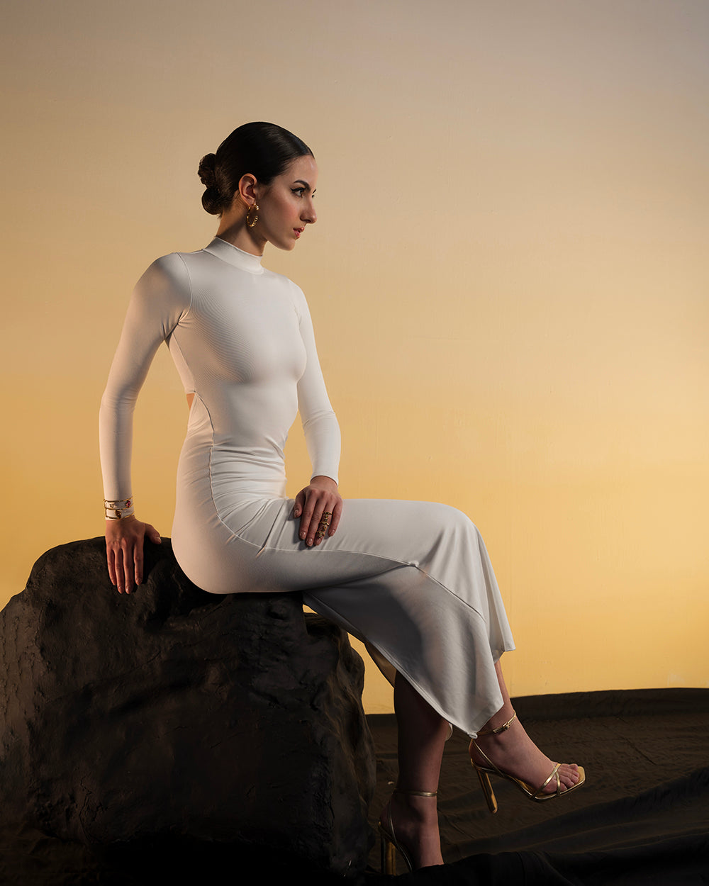 Snowy White Long Bodycon Dress With Cutout Back