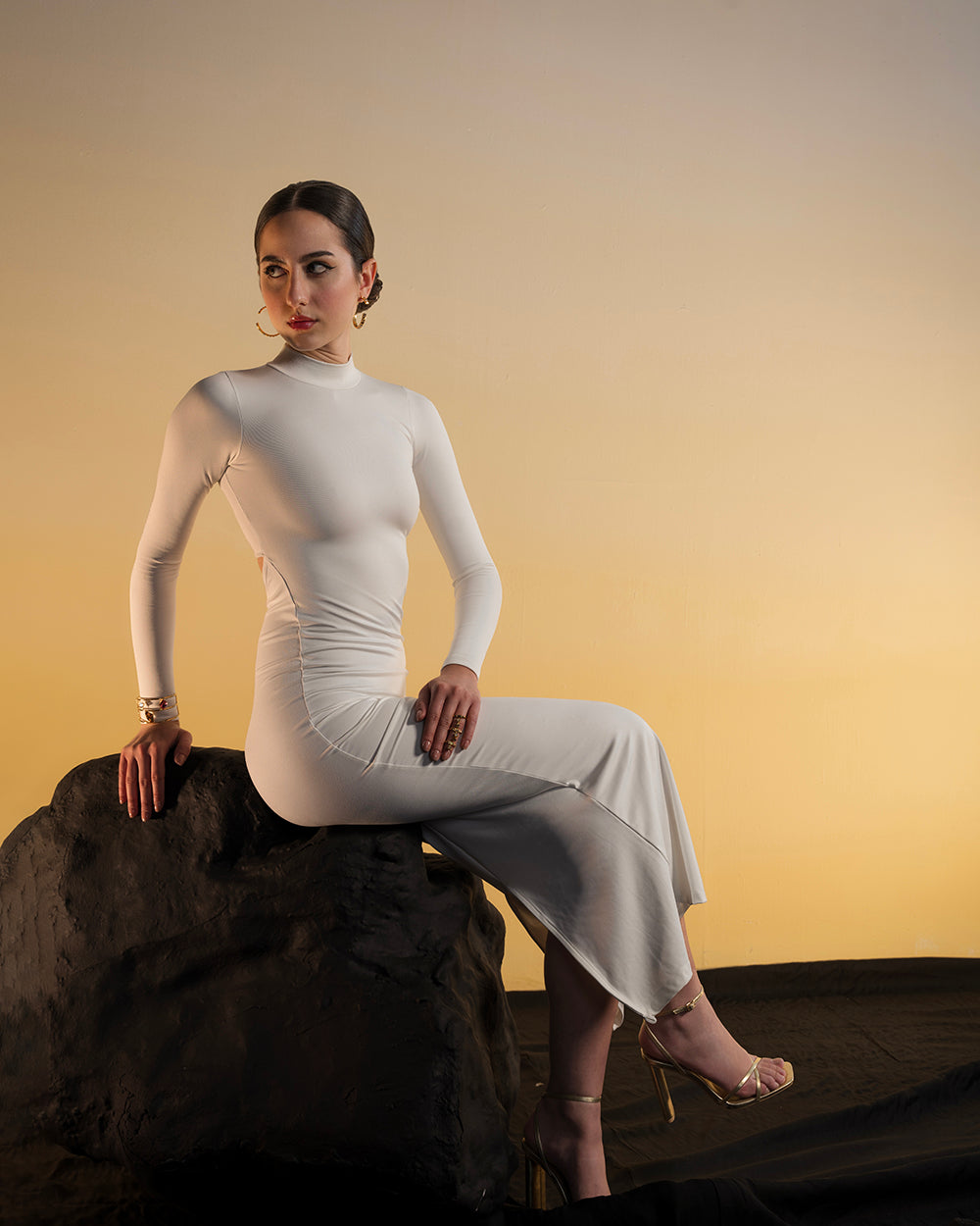 Snowy White Long Bodycon Dress With Cutout Back
