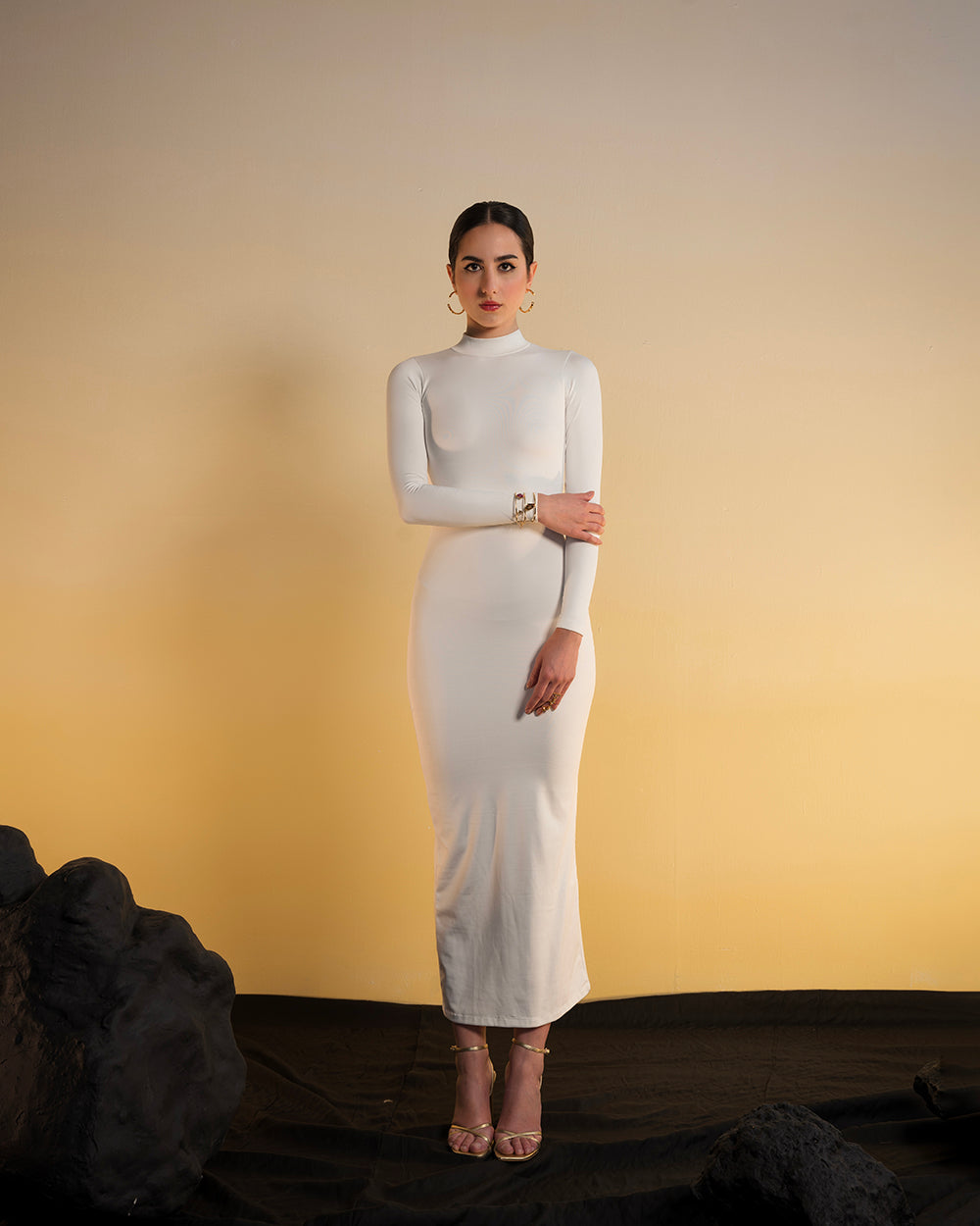 Snowy White Long Bodycon Dress With Cutout Back