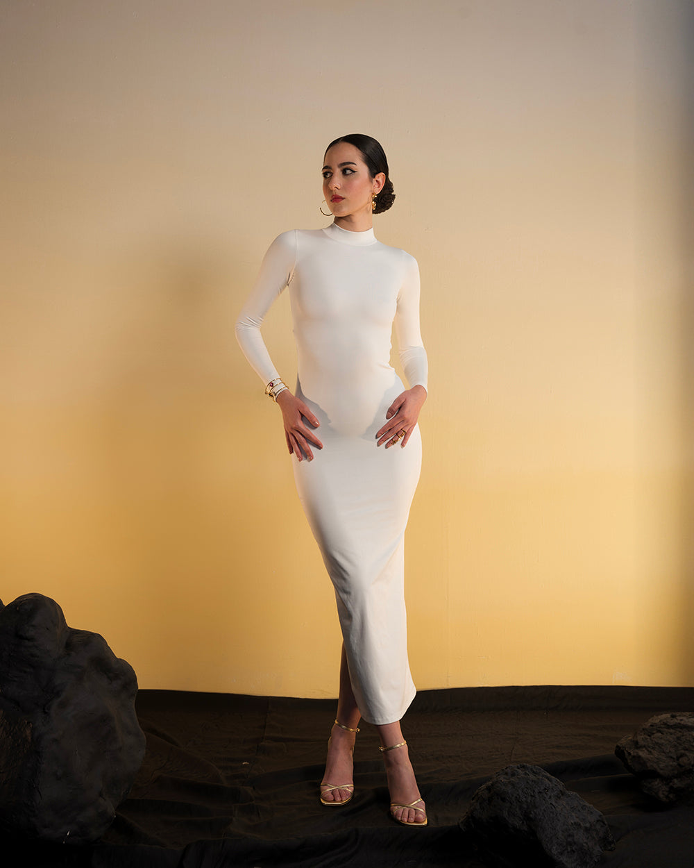 Snowy White Long Bodycon Dress With Cutout Back