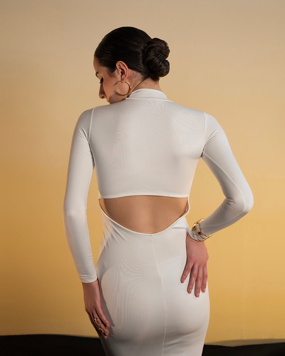 Snowy White Long Bodycon Dress With Cutout Back