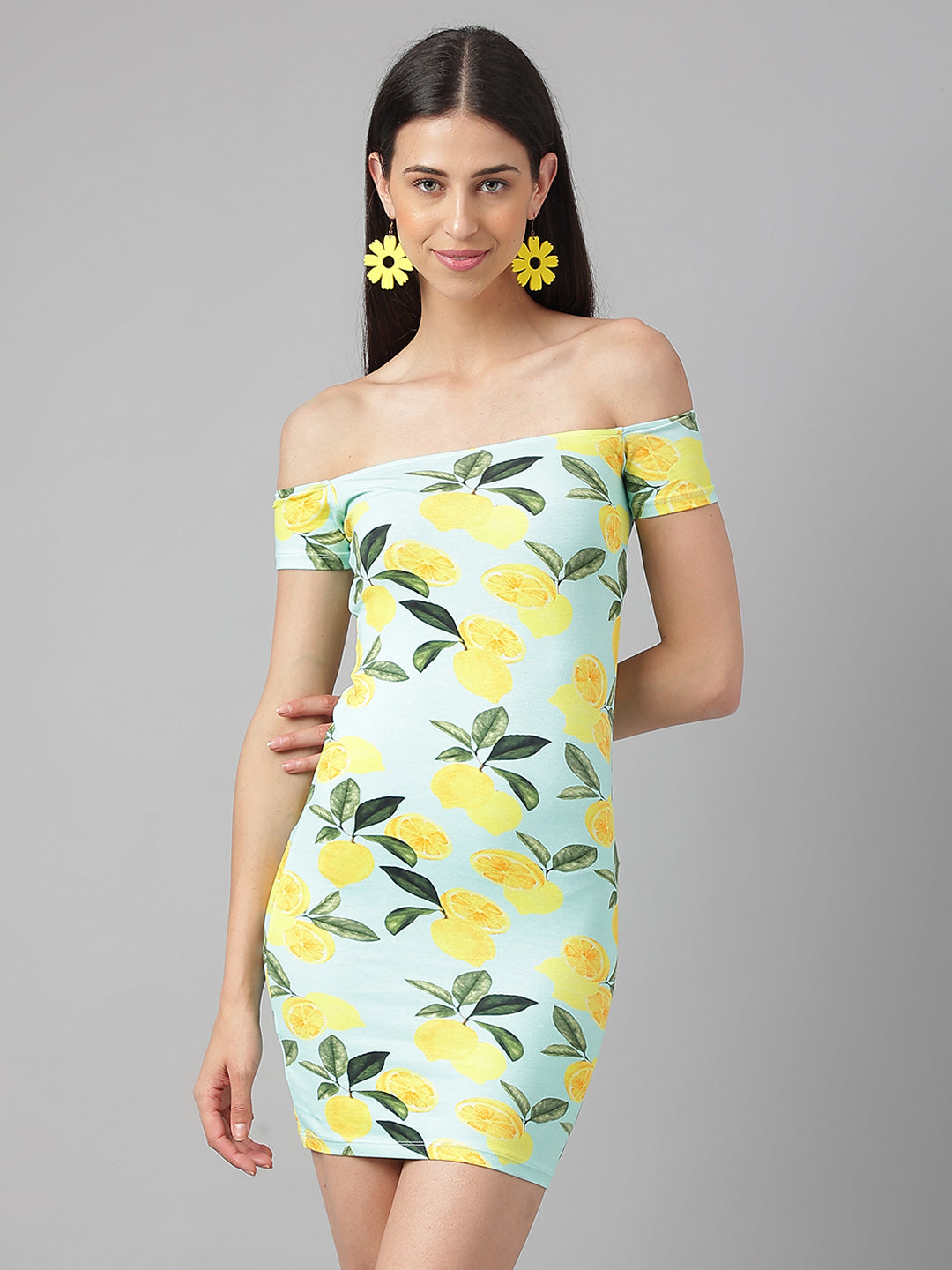 Lemon Print Off-The-Shoulder Dress
