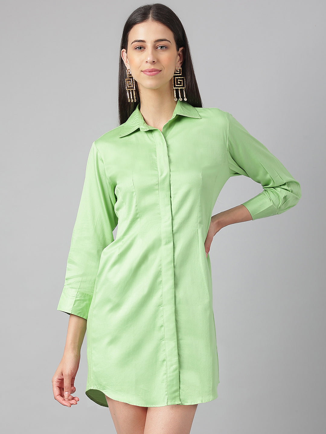 Tea Green Long sleeve button Shirt Dress