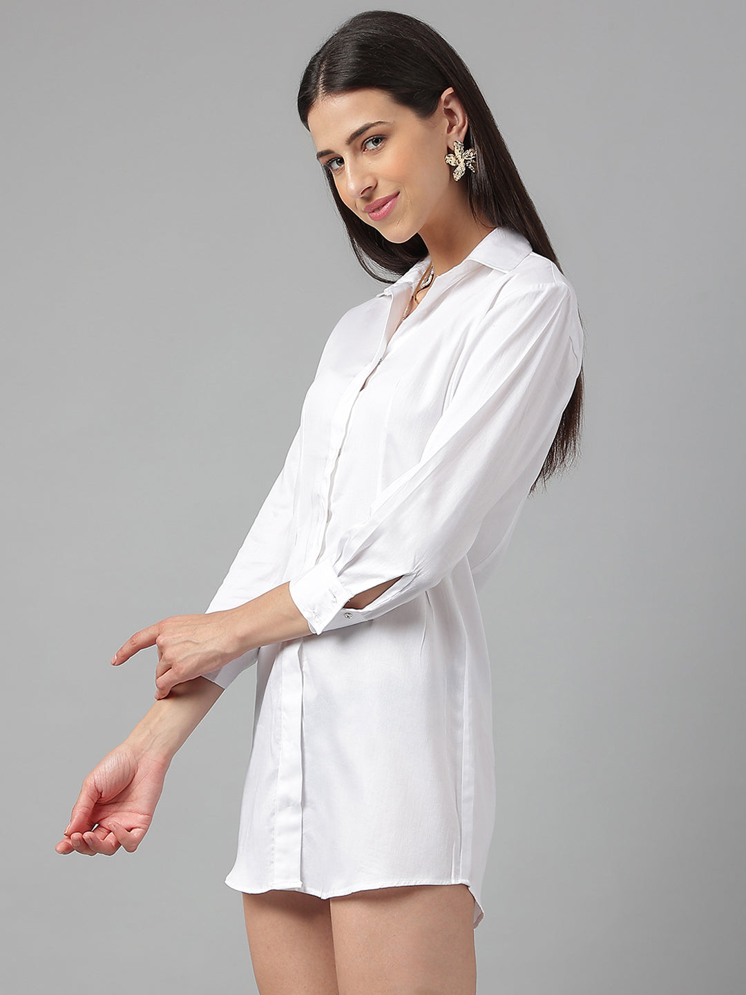 White Long Sleeve Button Shirt Dress