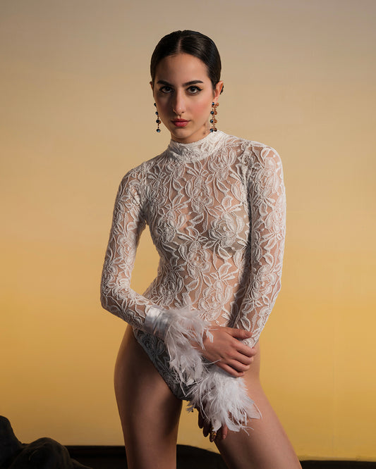 White lace Bodysuit Without Fur Hand Cuffs