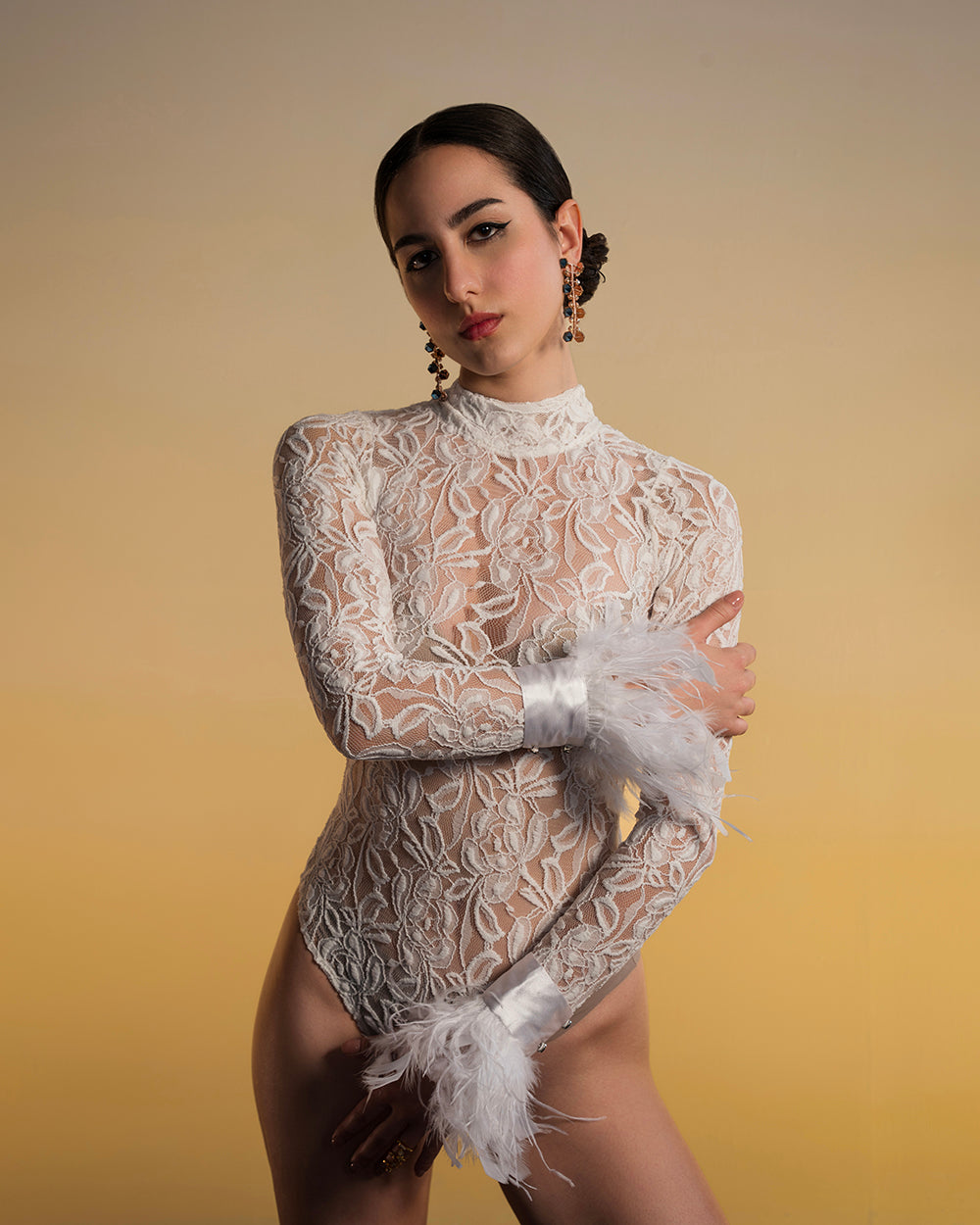 White lace Bodysuit Without Fur Hand Cuffs