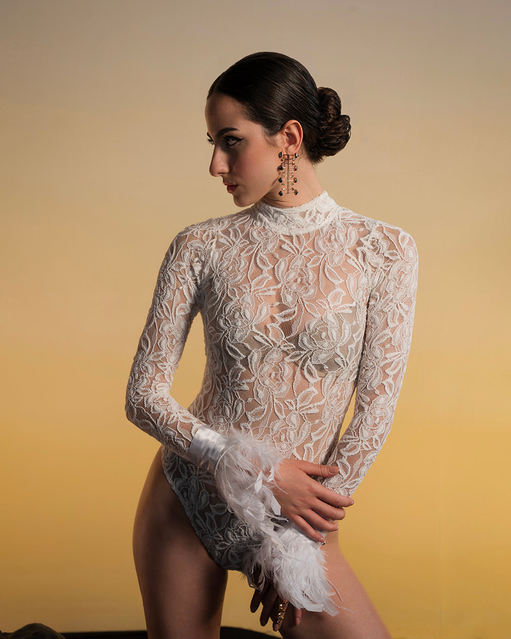 White lace Bodysuit Without Fur Hand Cuffs