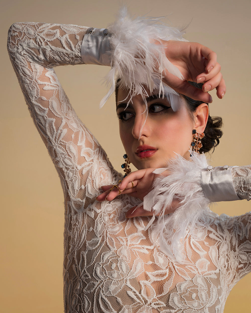 White lace Bodysuit Without Fur Hand Cuffs