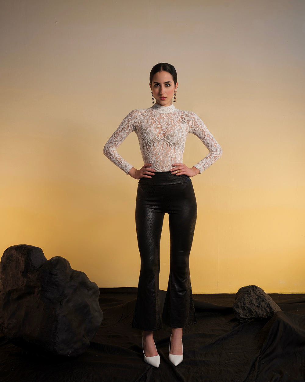 White lace Bodysuit Without Fur Hand Cuffs