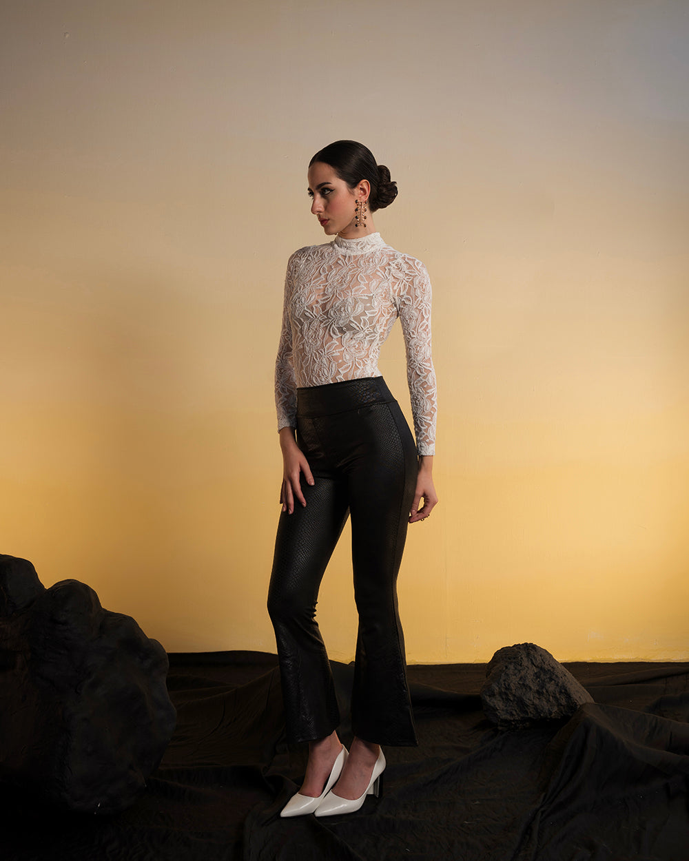 White lace Bodysuit Without Fur Hand Cuffs