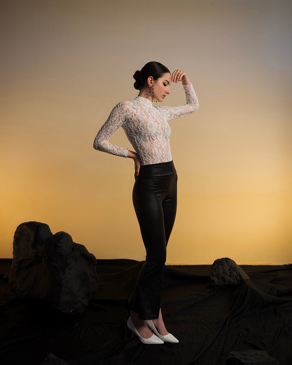 White lace Bodysuit Without Fur Hand Cuffs