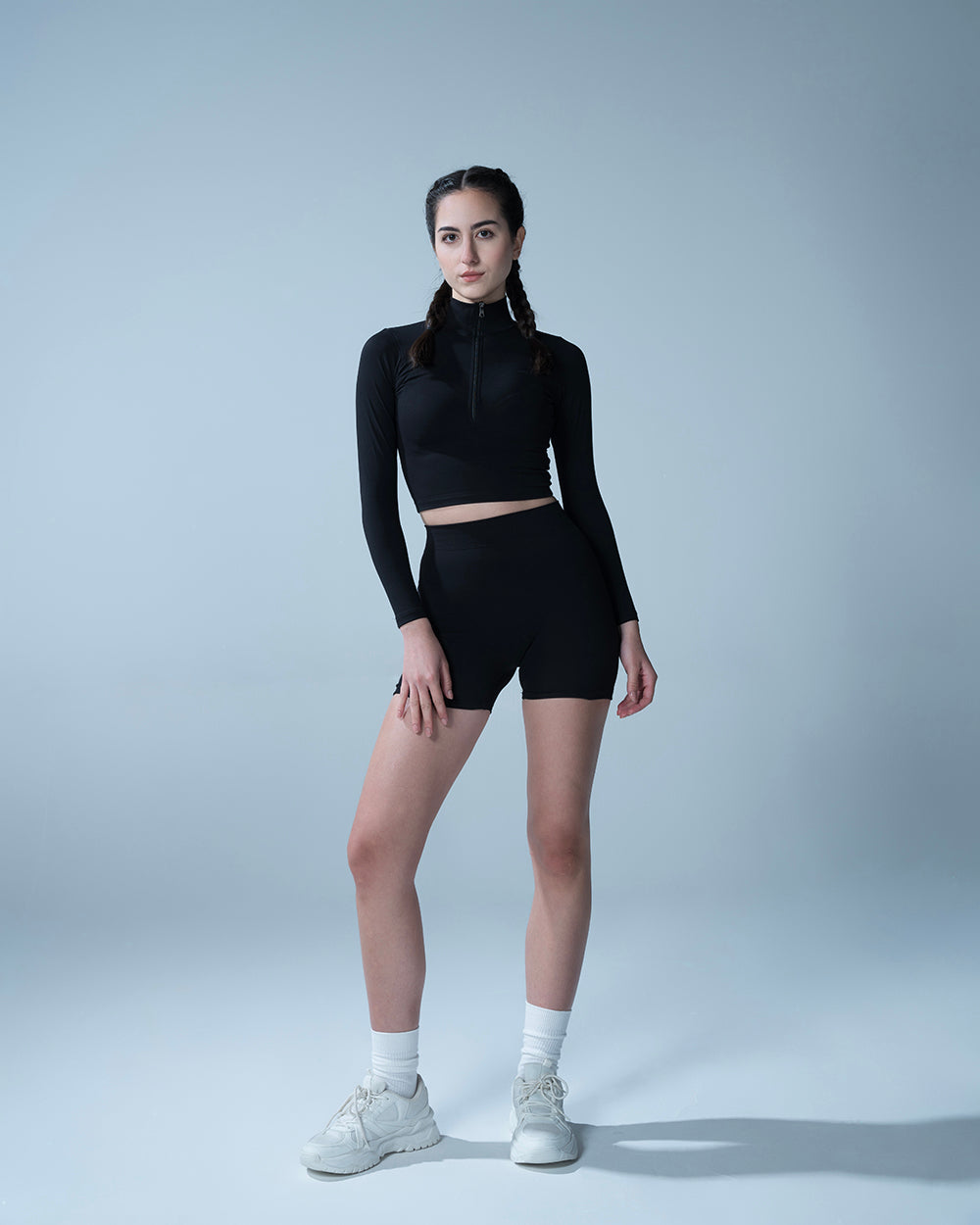 High Waisted Booty Shorts And Zipper Black Crop Top Set