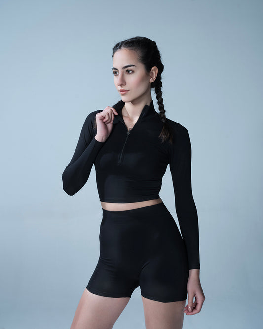 High Waisted Booty Shorts And Zipper Black Crop Top Set