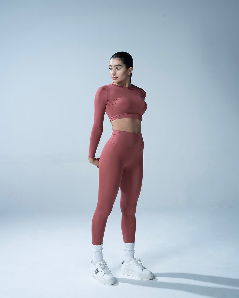 Rust High Waisted Leggings With Full Sleeves Crop Top Set