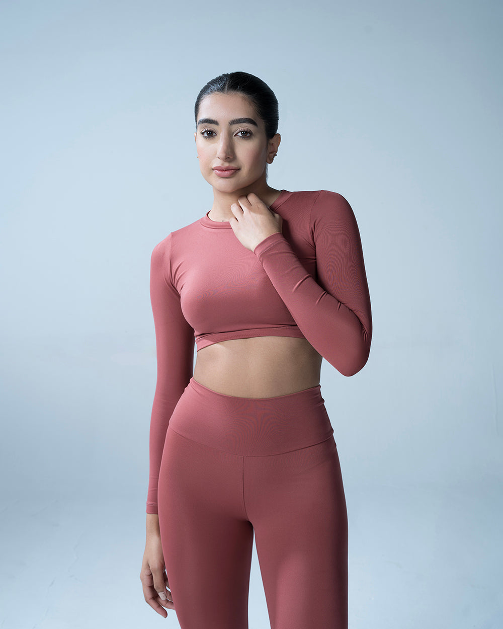 Rust High Waisted Leggings With Full Sleeves Crop Top Set