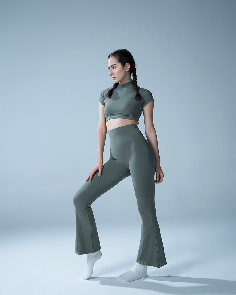 Hunter Green Crop Top With Flared Leggings Set