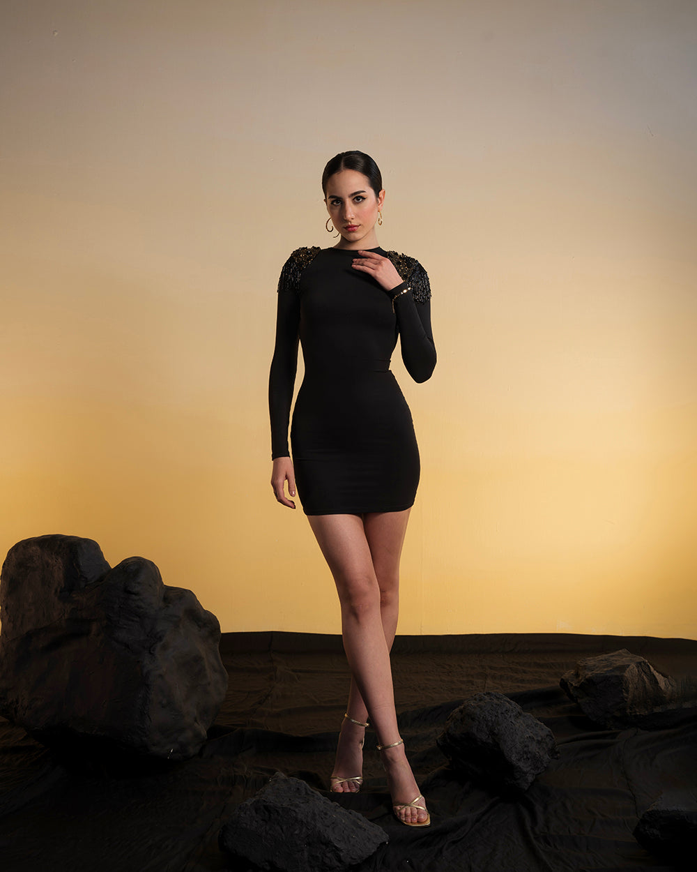 Hand Embroidered Cut Out Fitted Dress With Shoulder Pads