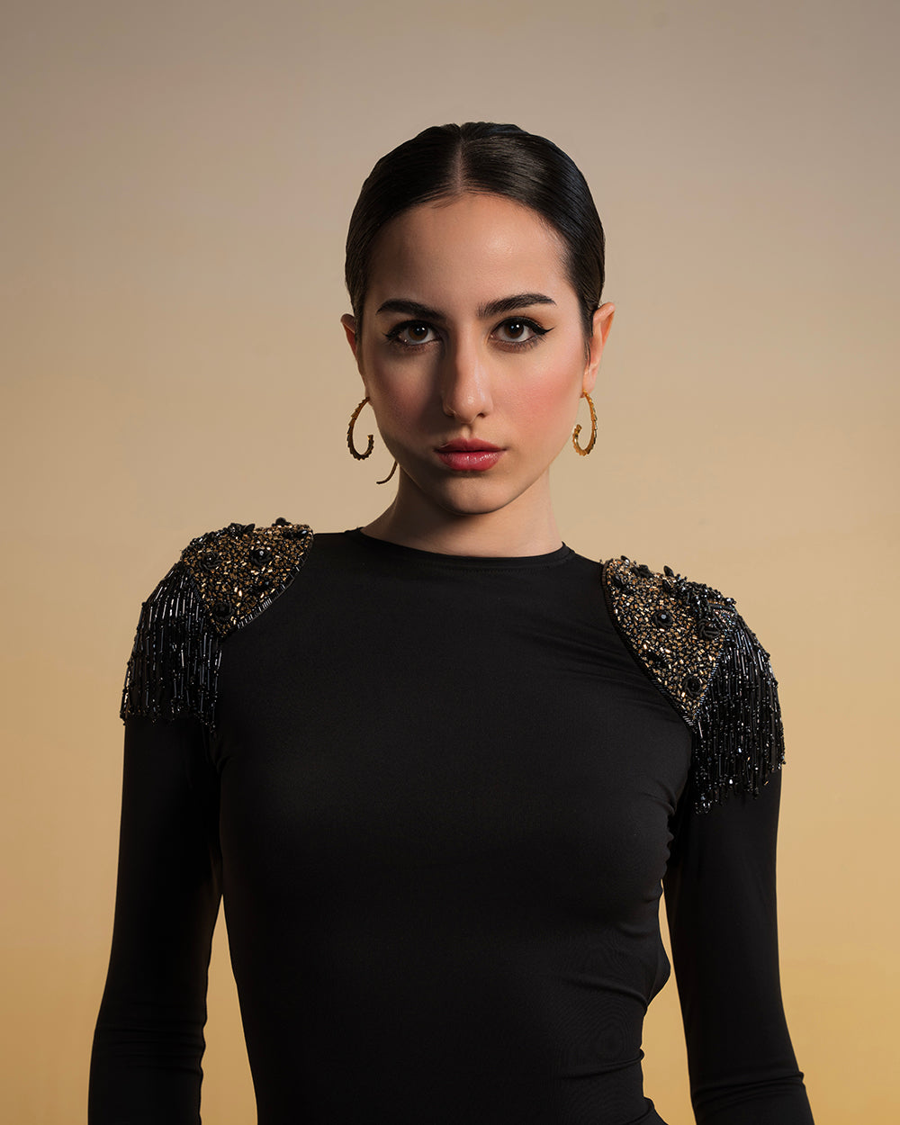 Hand Embroidered Cut Out Fitted Dress With Shoulder Pads