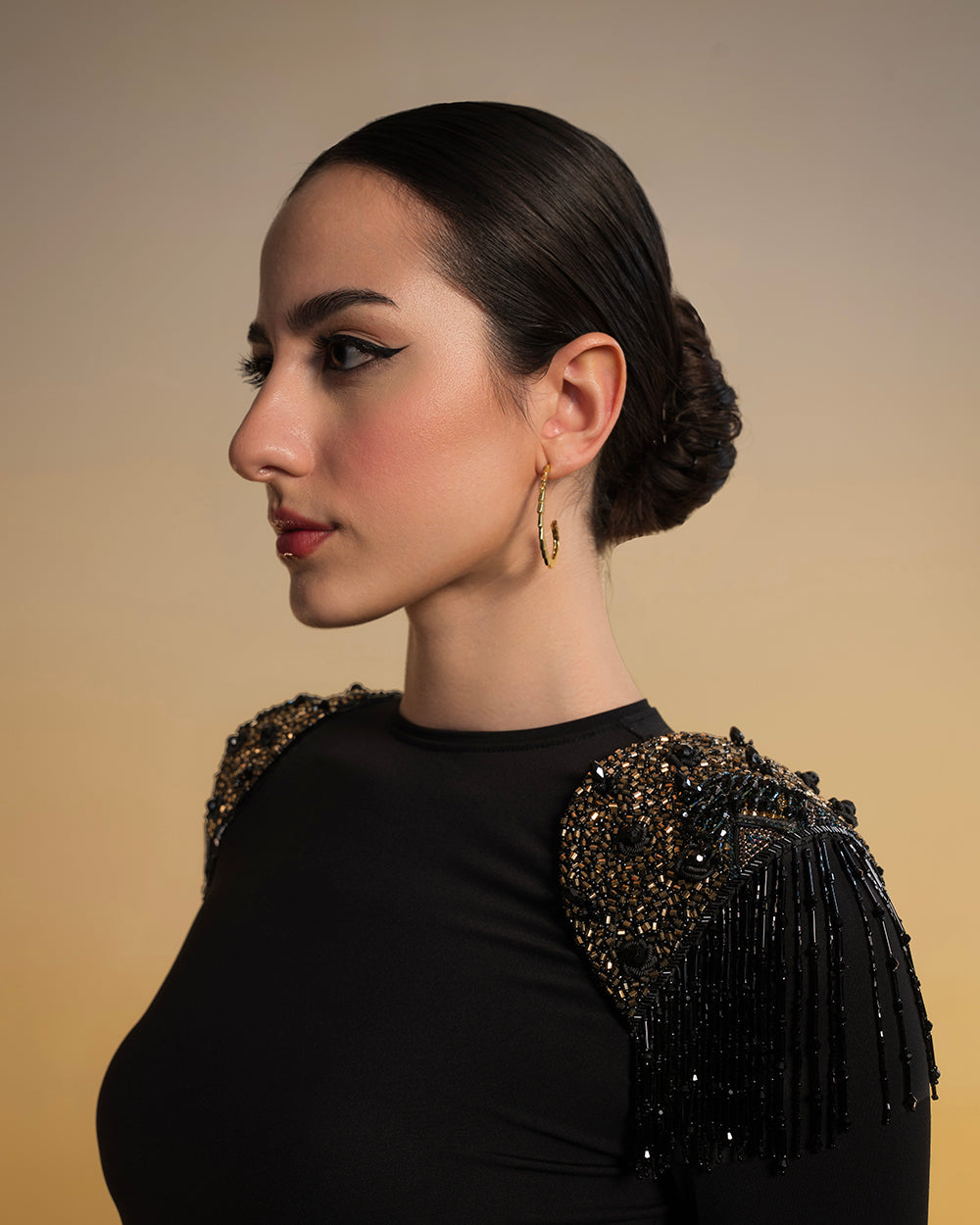 Hand Embroidered Cut Out Fitted Dress With Shoulder Pads