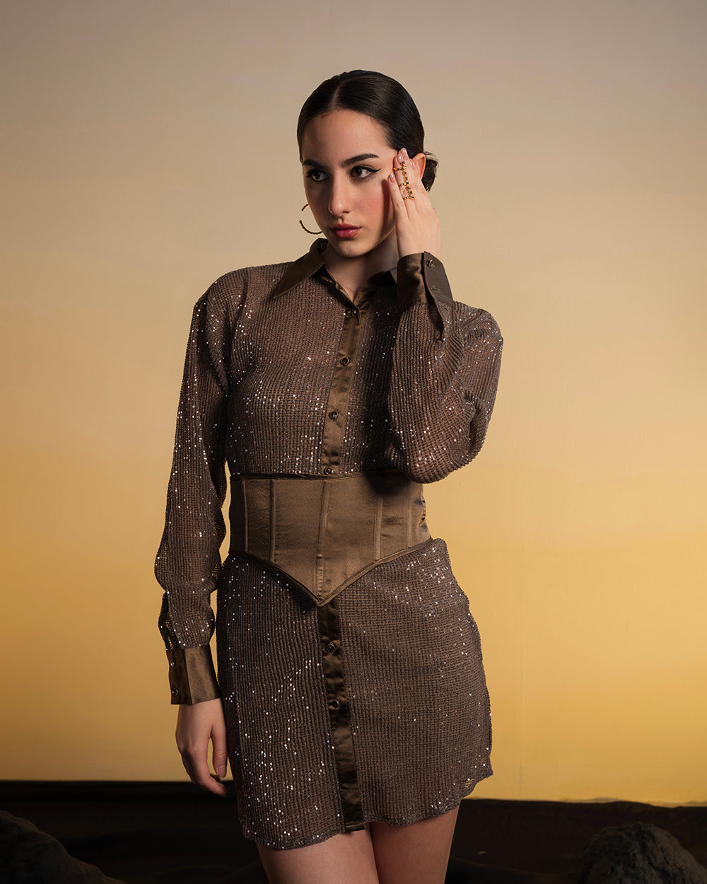 Embroidered Shirt Dress With Customized Satin Belt