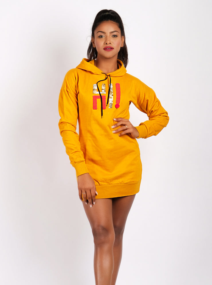 Hand-embroidered Sweatshirt Dress- Mustard