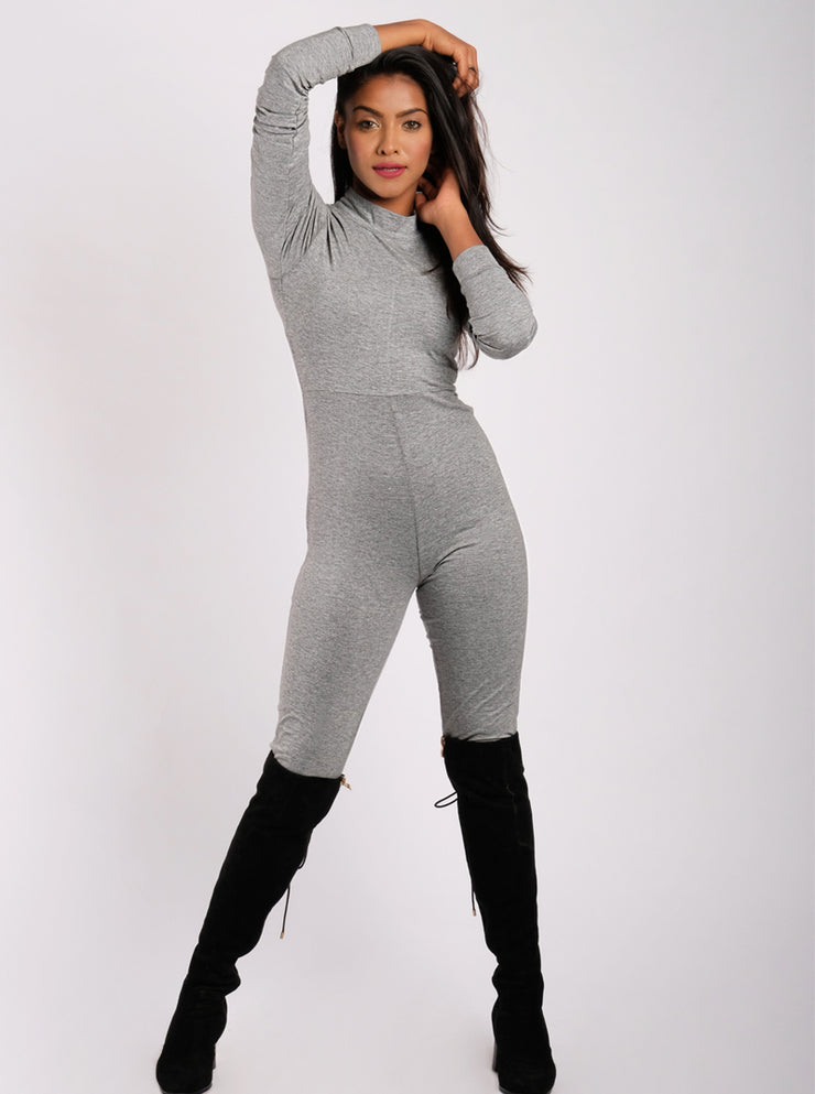 Full Sleeves Cotton Jersey Jumpsuit -Grey
