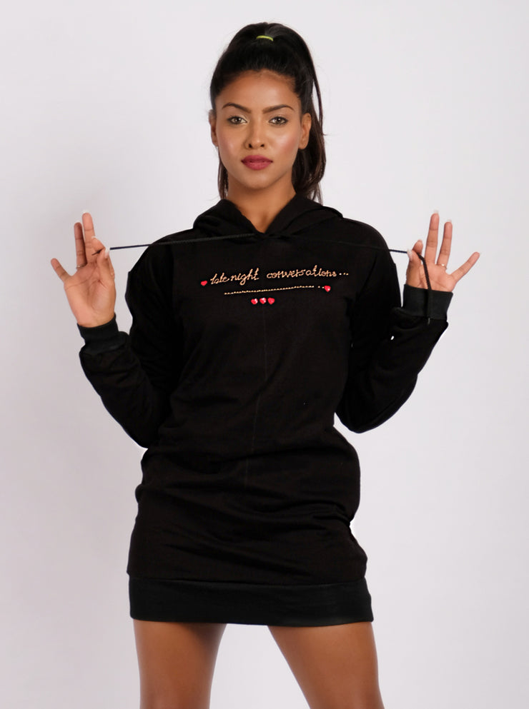 Late Night Conversations Hand-Embroidered Black Sweatshirt Dress