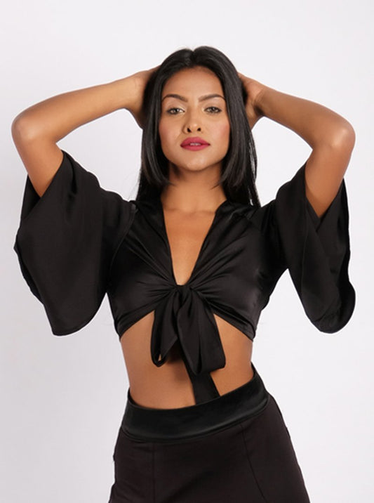 Tie Up Pure Satin Crop Top - Black